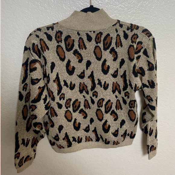 Leopard Shimmer Glitter Boho Mock Neck Hipster Hippie Art Chic Glam Farm Sweater - Picture 4 of 4
